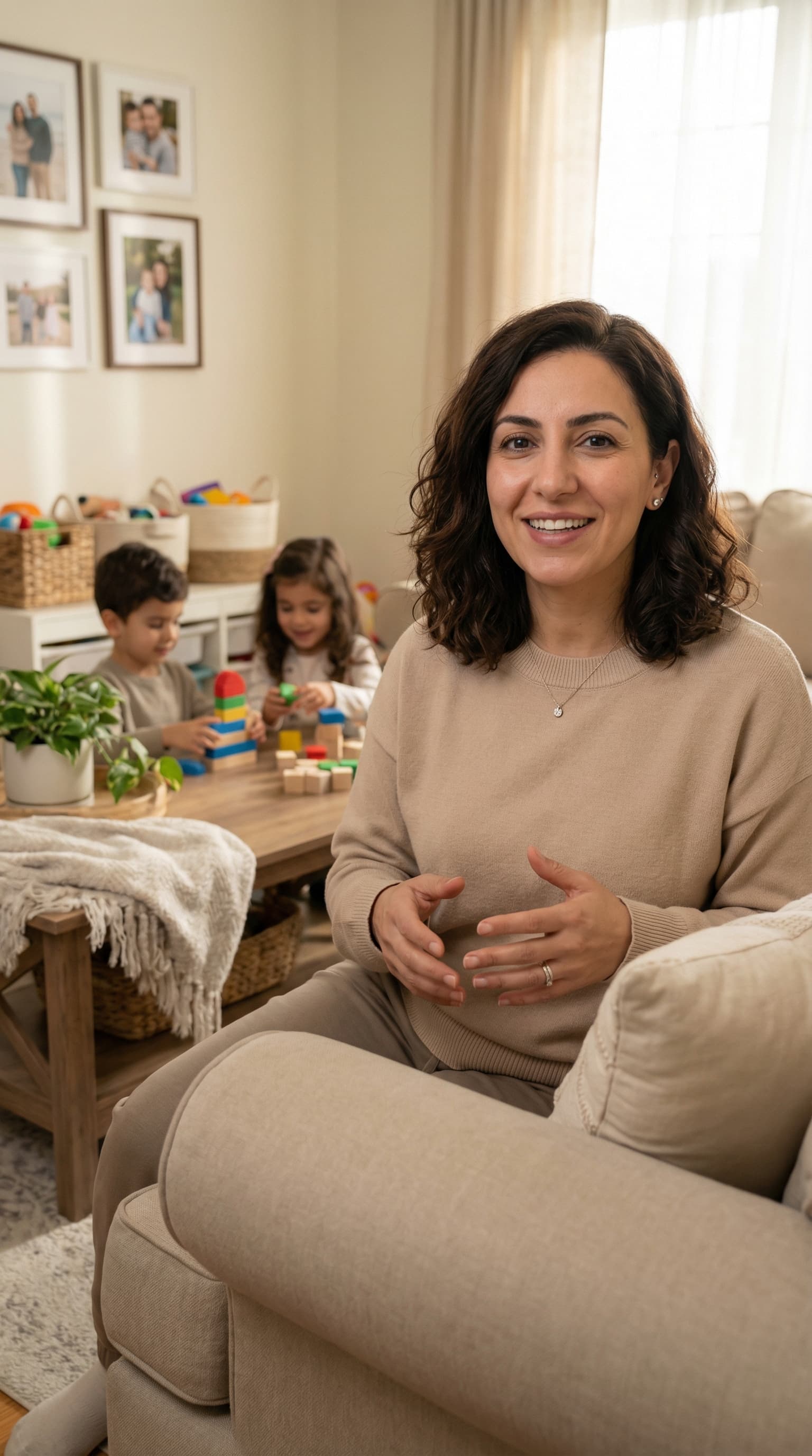 Mom Creator in Cozy Living Room with Kids