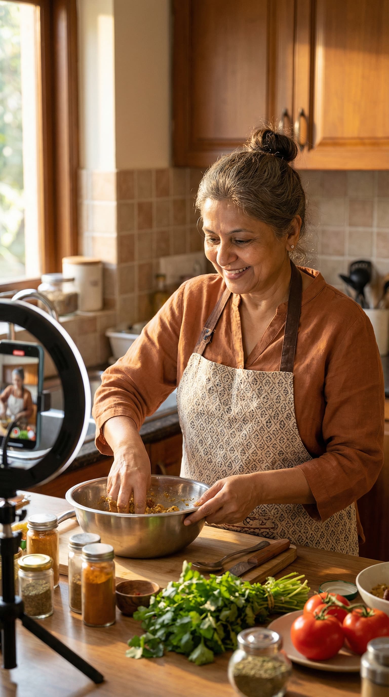 South Asian Food Creator in Warm Kitchen Setting