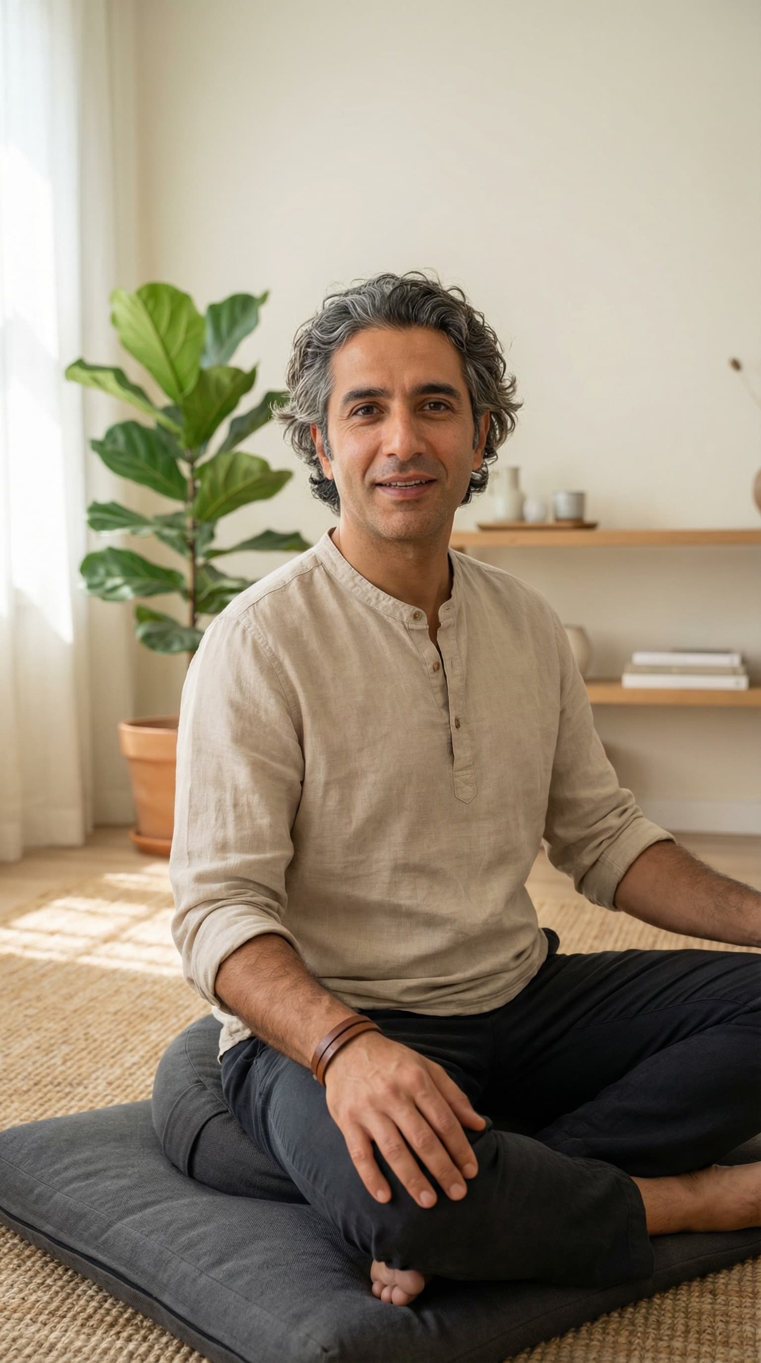 Male Wellness Coach in Minimalist Living Room