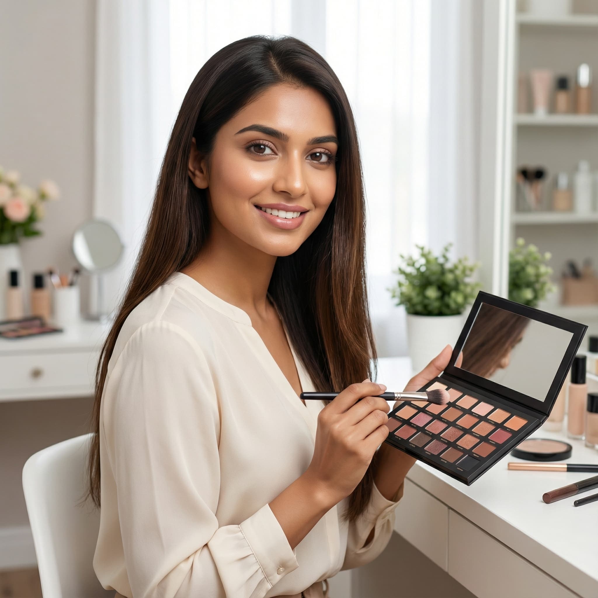 Female Beauty Influencer in Natural Light Studio