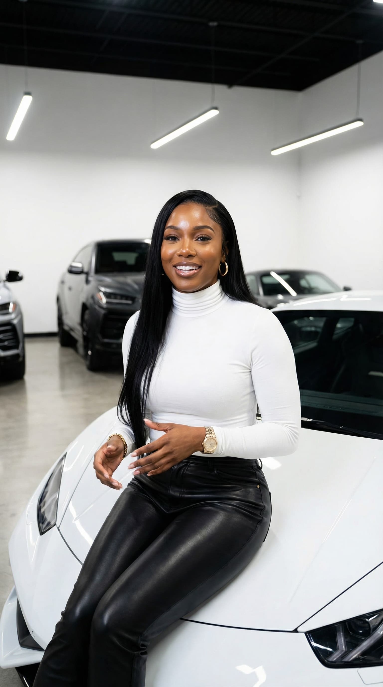 Female Car Lifestyle Creator in Luxury Garage Setting