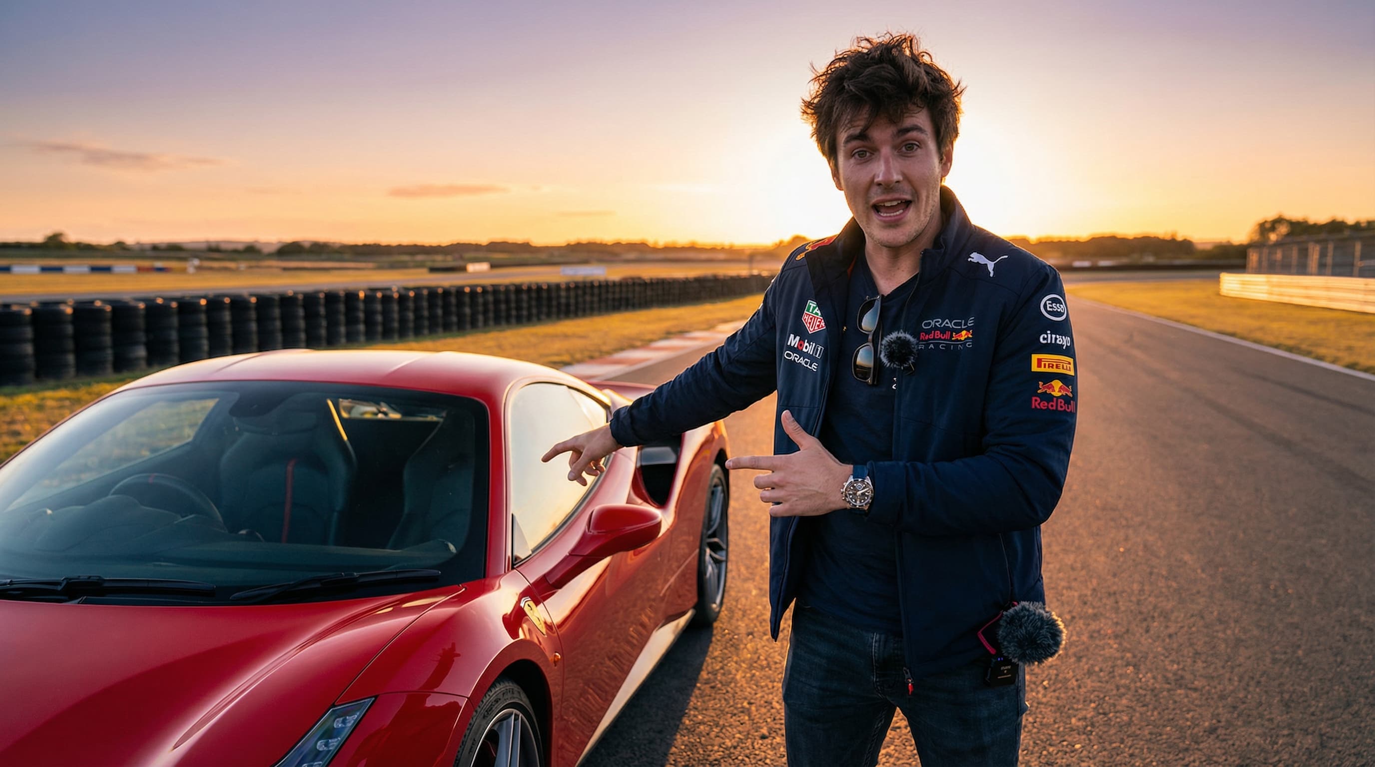 Car Enthusiast Reviewing Sports Car at Sunset Track
