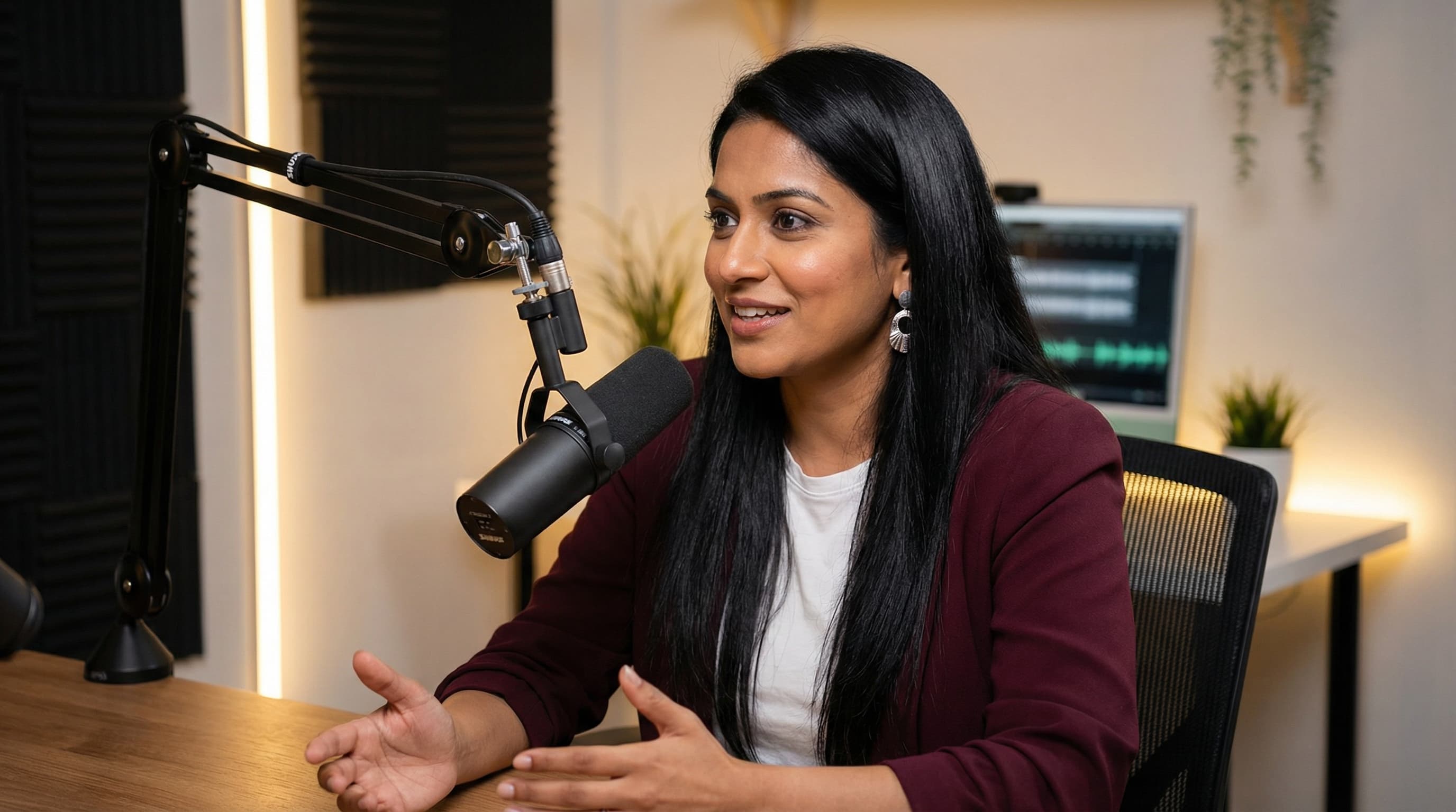 South Asian Female Podcast Host in Professional Studio