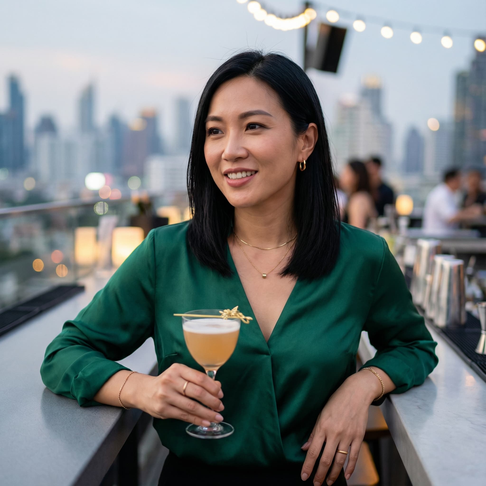 Asian Female Lifestyle Creator at Rooftop Nightclub Bar